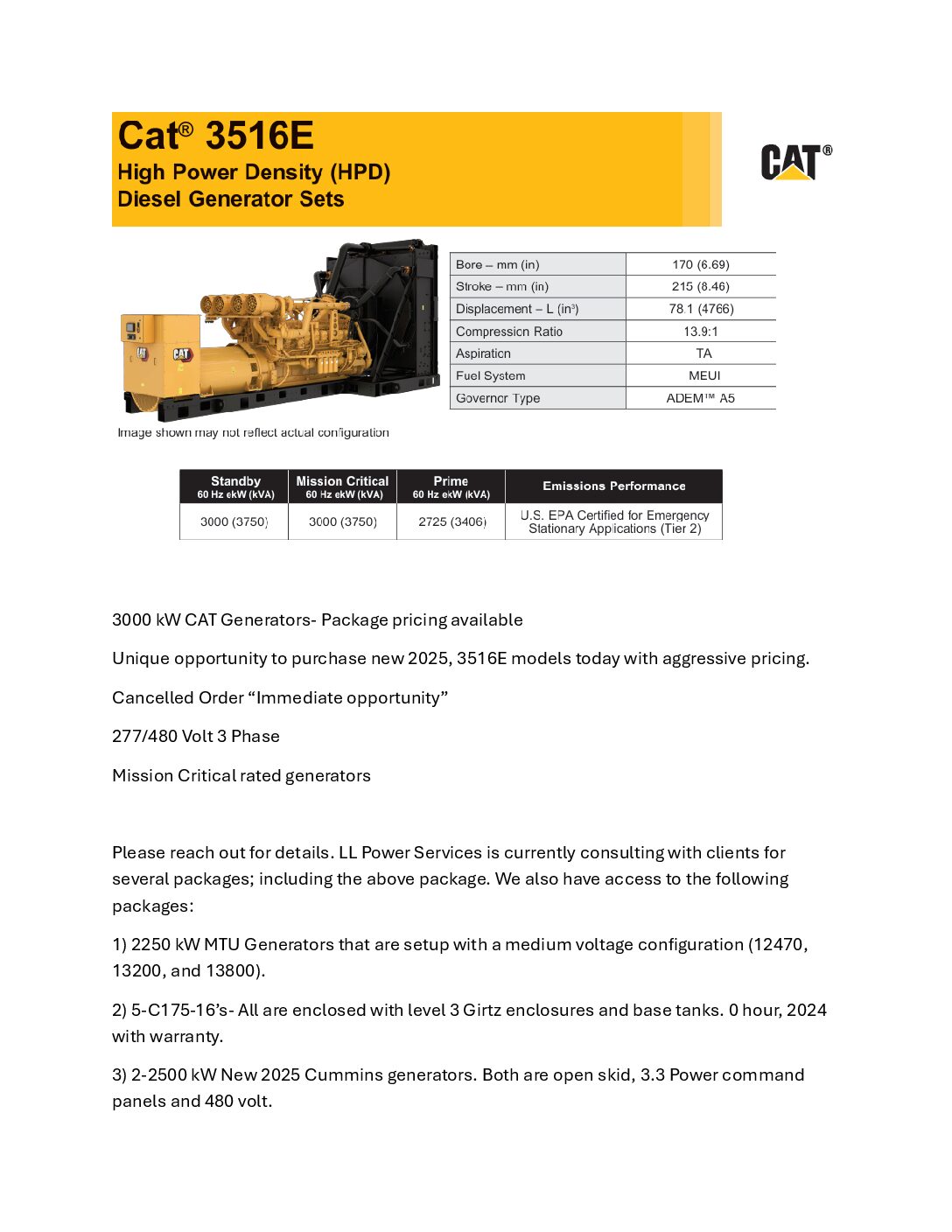 Package 3516E, 3000 kW Mission Critical Rated 2025 CAT New Diesel Generators